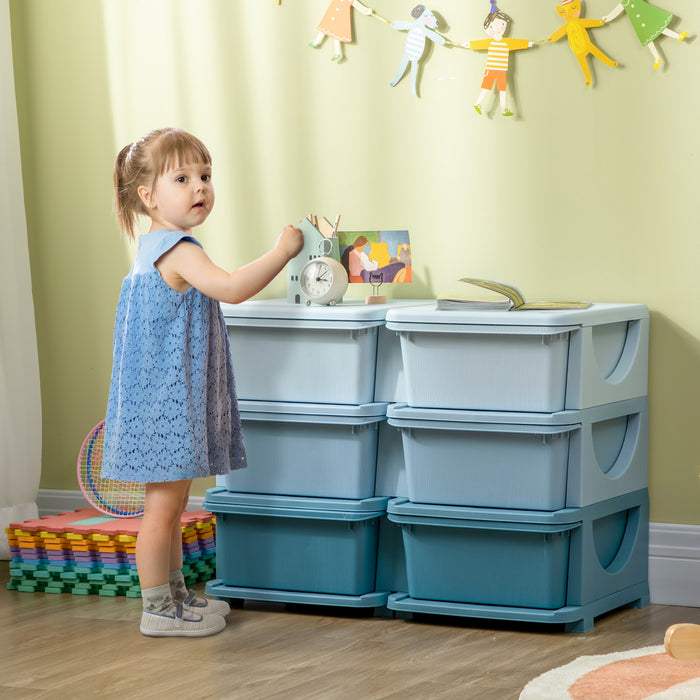 Qaba Kids Toy Storage Organizer With 6 Plastic Bins, 3 Tier Drawer Chest Utility For Kids Bedroom Nursery Kindergarten Living Room For Boys Girls Toddlers, Blue