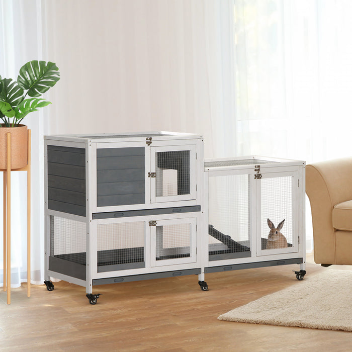 Pawhut Wooden Rabbit Hutch Bunny Hutch Elevated Pet House Cage Small Animal Habitat With No Leak Tray Lockable Door Openable Top For Indoor 57.75\" X 18\" X 32.5\" Grey