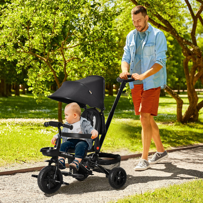 Qaba Baby Tricycle 4 In 1 Trike W/ Reversible Angle Adjustable Seat Removable Handle Canopy Handrail Belt Storage Footrest Brake Clutch For 1-5 Years Old Black