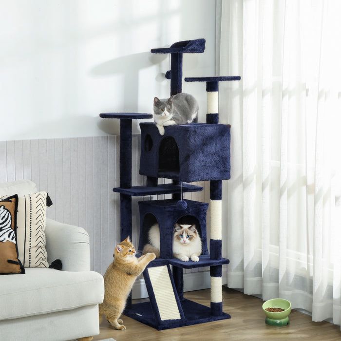 PawHut 63\" Cat Tree, Cat Tower for Indoor Cats with Scratching Posts, Cat Condos, Bed, Platforms, Ramp, Toy Ball, Cat Activity Center, Dark Blue