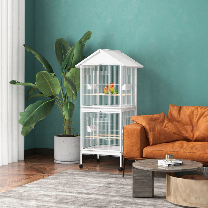 Pawhut Wrought Metal Bird Cage Feeder With Rolling Stand Perches Food Containers Doors Wheels 67\" H, White