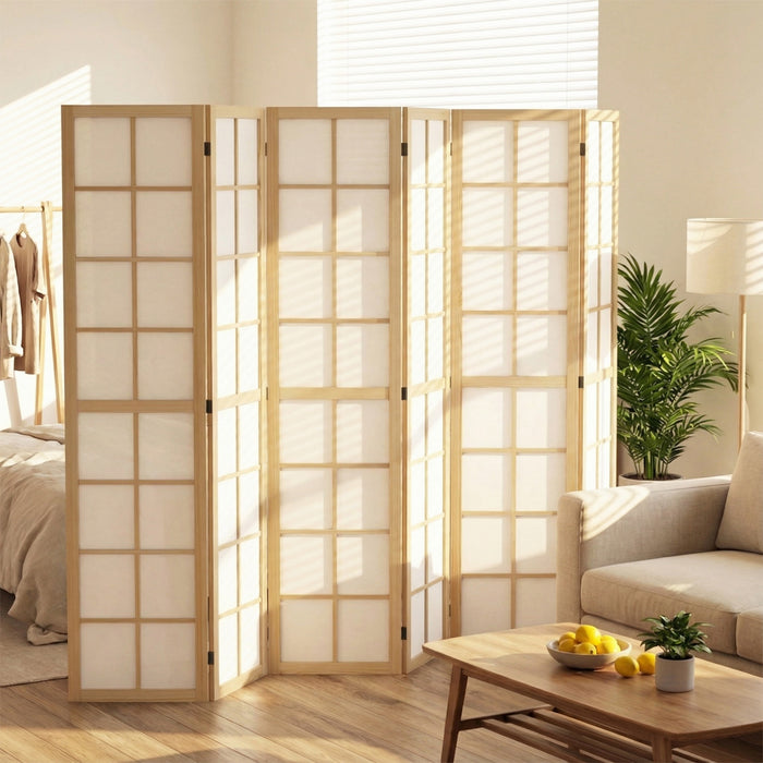 HOMCOM 6 Panel Room Divider, 5.6 ft Folding Privacy Screen, Natural Wood