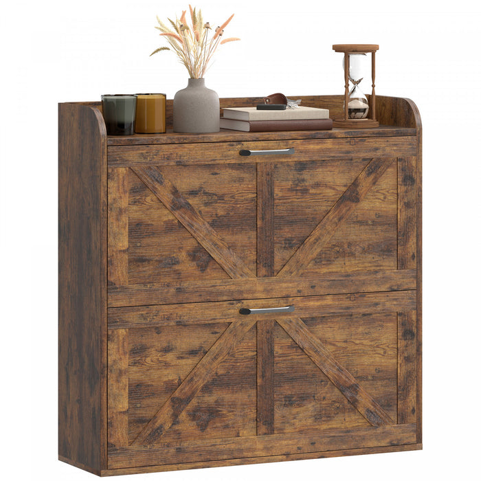 HOMCOM Narrow Shoe Cabinet 2 Flip Drawer Shoe Storage Cabinet, Rustic Brown