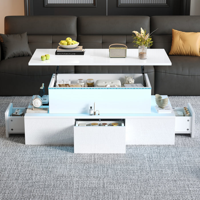 Daniel Lift-Top Coffee Table with LED Lighting and 4 Drawers,White