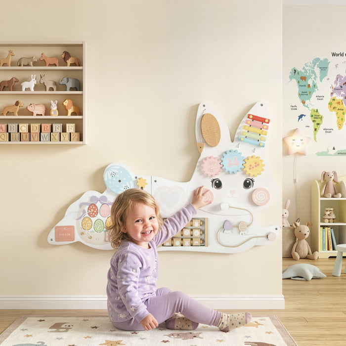 Qaba Easter Bunny Activity Wall Busy Board, Wooden Montessori Sensory Toys for 1.5-6 Y, Interactive Learning Activity Center for Playroom Nursery, Educational Toys for Toddler