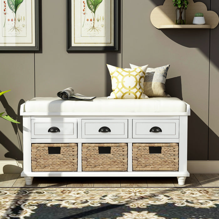 Harvey Solid Wood Storage Bench With Drawers And Rattan Baskets - White