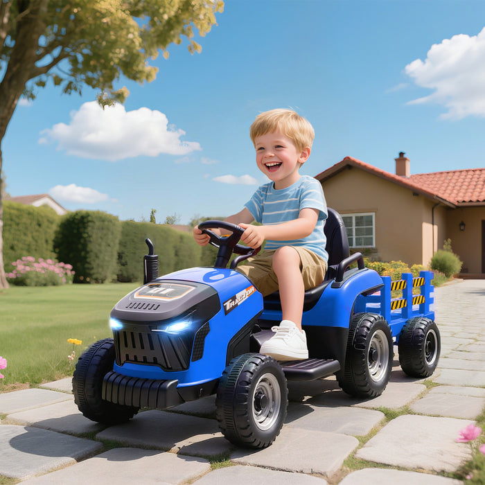 Qaba Kids Ride On Tractor With Trailor, 12v Battery Powered Ride On Car With Remote Control, Music, Lights, Shifter, Electric Vehicle For Kids Ages 3-8 Years, Blue