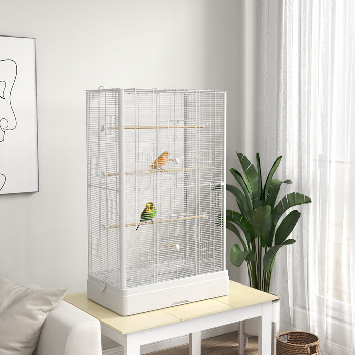 Pawhut 39\" Bird Cage For Budgie, Finches, Canaries, Love Birds, Large Parrot Cage With Wooden Stands, Slide-out Tray, Handles, Food Containers, White