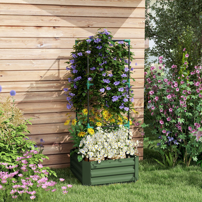 Outsunny Raised Garden Bed, 24\" X 24\" X 11.8\" Outdoor Galvanized Planter Box With 3-tier Trellis Tomato Cage And Open Bottom For Climbing Vines, Vegetables, Flowers, Green