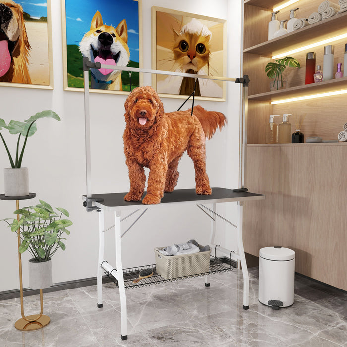 Pawhut 42in Foldable Dog Grooming Table, Pet Grooming Table With Adjustable Grooming Arms, Storage Shelf, Two Nooses, 42\" X 24\" X 61\", Black