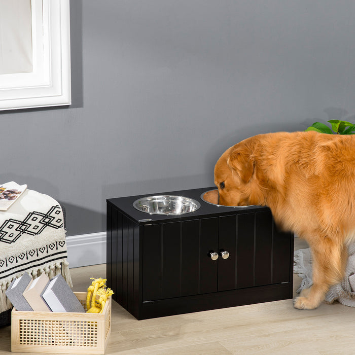 Pawhut Elevated Dog Bowls For Large Dogs Pet Feeding Station With Stand, Storage, 2 Stainless Steel Food And Water Bowls, Black, 23.6\" X 11.8\" X 14\"