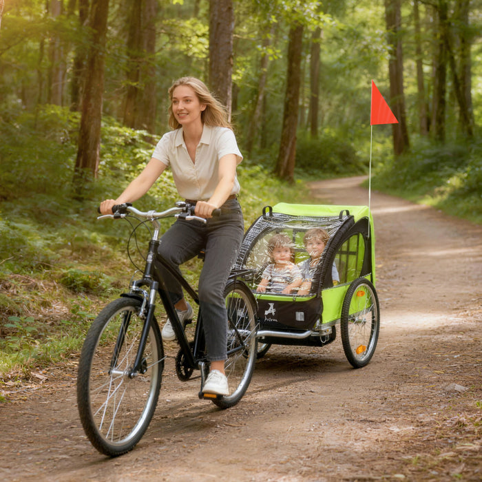 Aosom 2 Seat Bike Trailer for Kids Double Baby Toddler 80lbs Load w/ Steel Frame, 5-Point Safety Belts, Universal Bicycle Connect, Reflectors, Red Flag, Waterproof Cover, Green