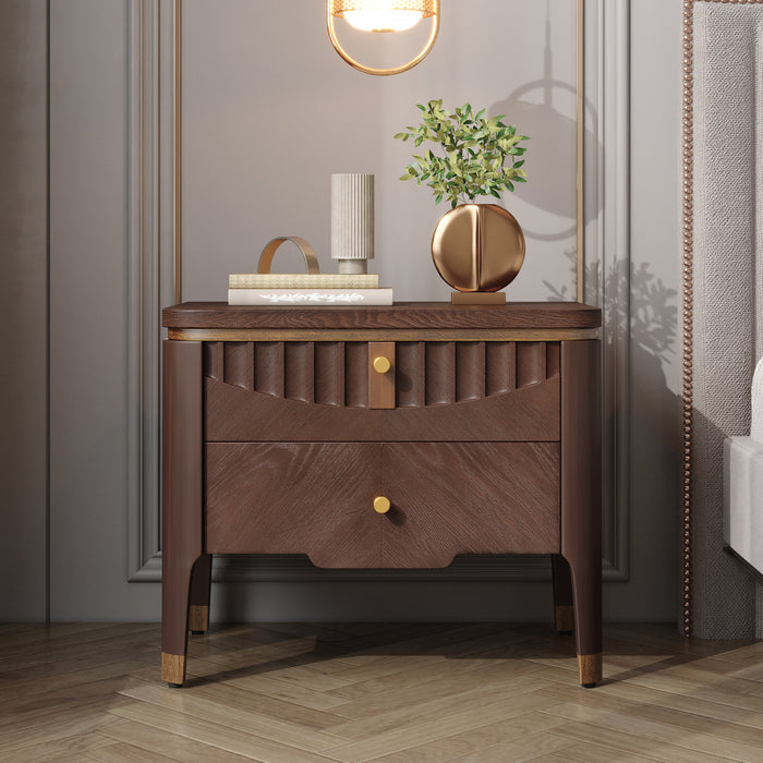Liam Modern Wave Design Nightstand with 2 Storage Drawers,Brown