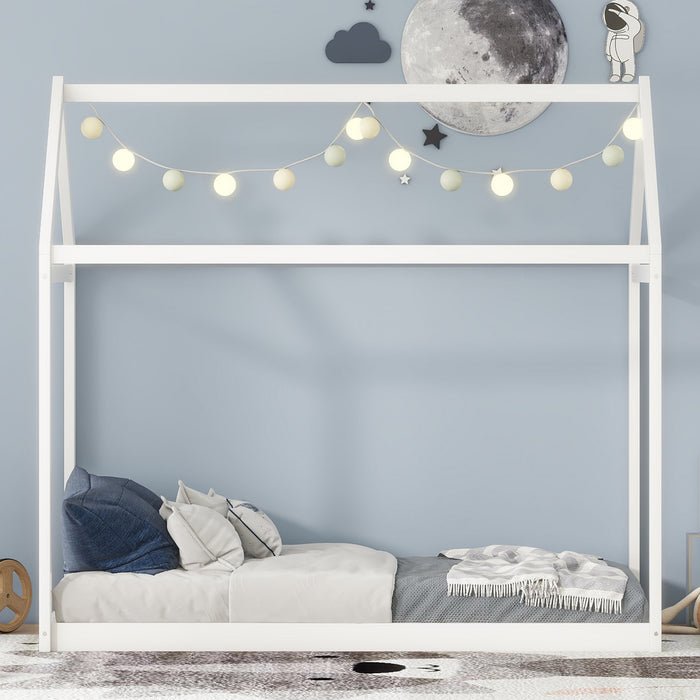 Susan Easy-clean Design Solid Wood House Bed With Roof Frame, Twin Size, White
