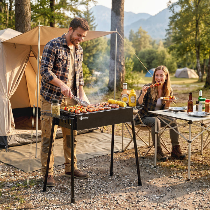 Outsunny Portable Outdoor Charcoal BBQ Grill with Side Seasoning Baskets, Hooks, and Barbecue Nets for Outdoor, Garden, Cooking, Picnic, Camping, Black