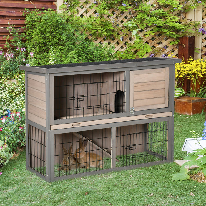 Pawhut 2-tier Wooden Rabbit Hutch Backyard Bunny Cage Habitat Small Animal House W/ Ramp, Slide Out Tray And Outdoor Run, Grey