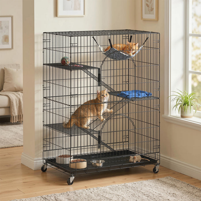 PawHut 4-Tier Cat Cage, 50\"H Large Cat Enclosure Metal Playpen with Wheels, Pull-Out Tray, Hammock, Bed, Ramps, Platforms for 1-2 Kittens, Ferrets, Squirrels and Chinchillas, Black