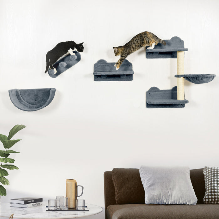 Pawhut Cat Wall Climber With Hammock, Scratching Post, 3 Steps, Jumping Platforms, Cat Wall Shelves For Relaxing, Sleeping, Climbing, Cat Wall Furniture For Indoor Cat - Grey