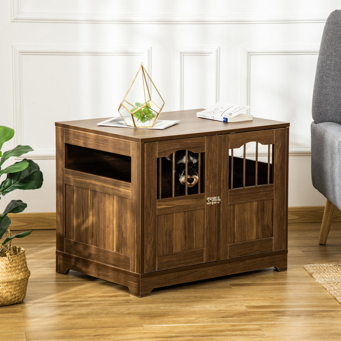 Pawhut 29.5\" Wooden Dog Cage With Windows, End Table Furniture Style, Modern Pet Kennel With Lockable Doors Elevated Base For Small And Medium-sized Dogs, Brown