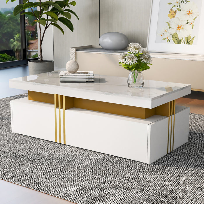 Noah Modern Coffee Table with Marble Pattern Top and Storage Drawers,White