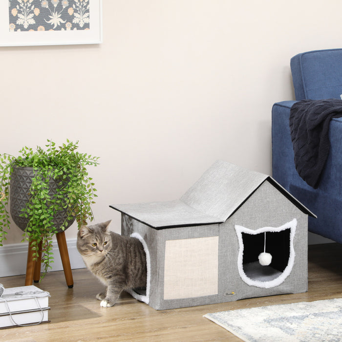 Pawhut Cat Bed For Indoor, Large Cat House With Soft Cushion, Scratching Pad, Dangling Ball, Kitten Condo Hideaway With Dual Entrances, Grey