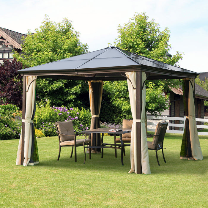 Outsunny 10' X 10' Hardtop Gazebo, Patio Gazebo Heavy Duty Sun Shade Shelter With Curtains, Aluminum Frame, Pc Board Roof