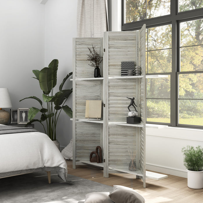 Homcom 4-panel Privacy Screen With Storage Shelf Foldable Distressed White