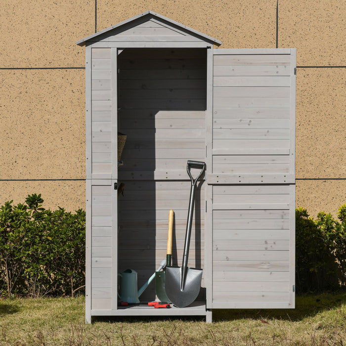 Outsunny 36\" X 25\" X 79\" Outdoor Wooden Garden Shed, 4 Tiers Tool Shed Organizer With 3 Shelves, Handle, Tin Roof, Magnetic Latch, Foot Pad For Garden, Patio, Light Grey
