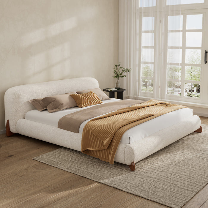 Emma Low Profile Platform Bed Frame with Curved Headboard and Boucle Upholstery, Queen Size,Cream White Queen Bed