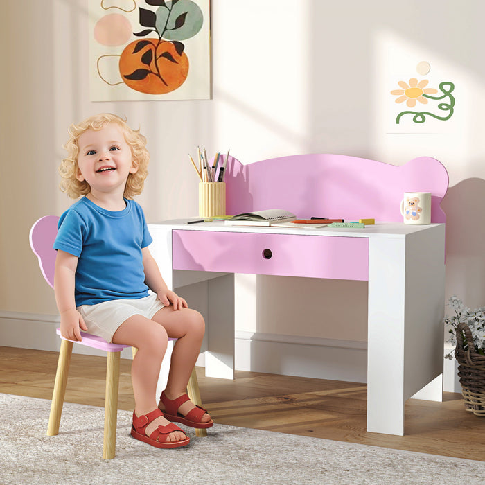 Qaba Kids Desk And Chair Set, Study Table And Chair With Storage Drawer For Drawing, Reading, Writing, Bear Theme Children Activity Table Set For Bedroom, Daycare, Playroom (pink)