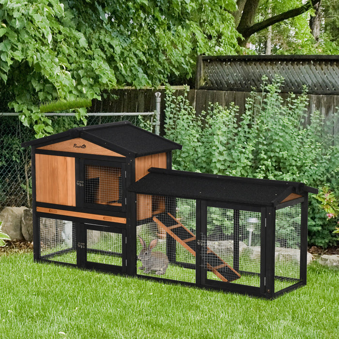 Pawhut 69\" Wooden Rabbit Hutch, Bunny Cage With Run Box, Slide-out Tray, Ramp, Waterproof Roof For Rabbits, Guinea Pig Cage And Small Animals, For Indoor Outdoor, Black
