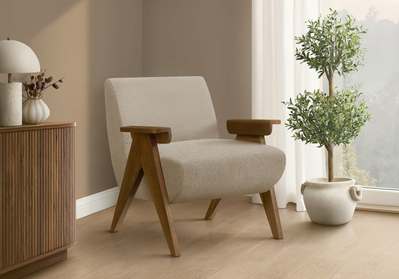 Monarch Specialties - Accent Chair, 31\"H, Upholstered, Living Room, Bedroom, Beige Fabric, Brown Walnut Wood
