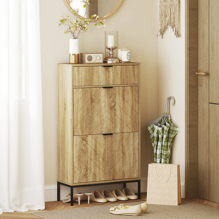 HOMCOM Shoe Cabinet with 2 Flip Drawers Adjustable Shelves for 8 Pairs Oak