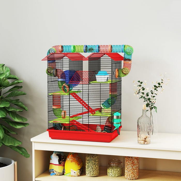PawHut 18.5\"L Hamster Cage, 5 Tiers Small Animal House with Tunnel Tube System, Exercise Wheel, Water Bottle, Food Dish, Ramp, Red