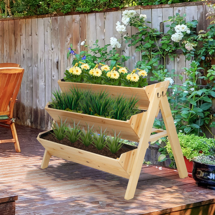 Outsunny 47'' 3-tiers Raised Garden Bed Raised Planter Boxes Wooden Plant Stand With Side Hooks & Storage Clapboard, Great For Flowers Herbs Vegetables