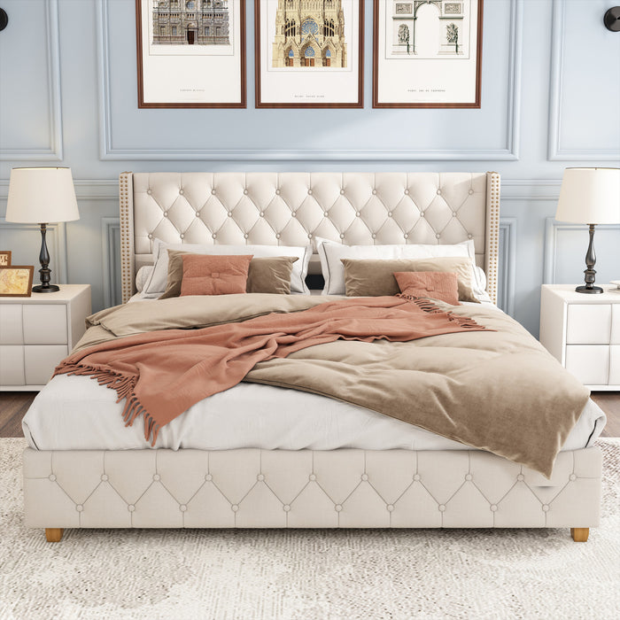 Haley Linen Upholstered Platform Bed with Classic Wingback Headboard and Diamond Tufted Upholstery,King Size,Beige King Bed
