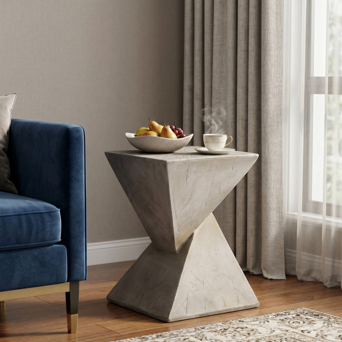 Zane 18\" MGO Geometric Twisted Accent Table, Unique Wood Grain Indoor Side Table, Grey