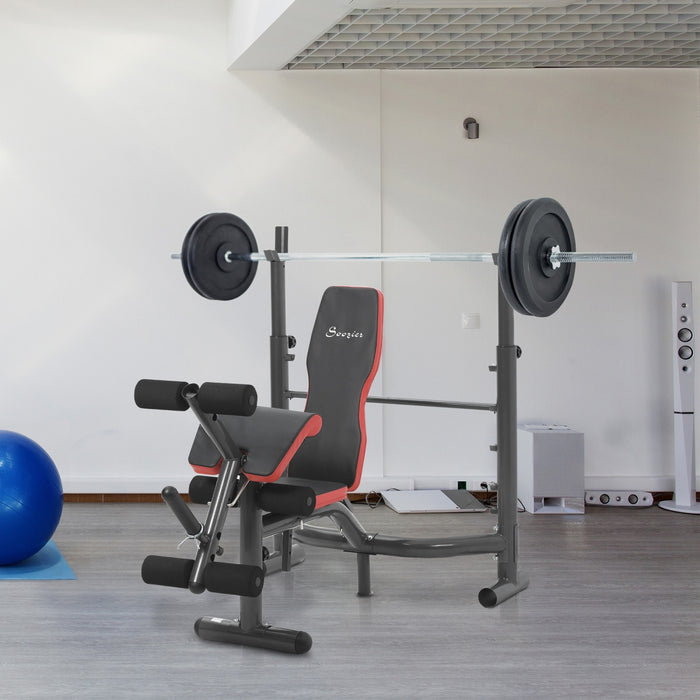 Soozier Weight Bench With Barbell Rack, Heavy Duty Multiple Function Workout Adjustable Bench Press With Preacher Curl, Leg Developer