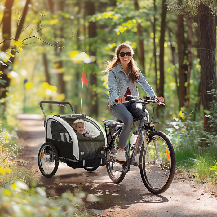 Aosom 2-Seat Bike Trailer for Kids, 2-in-1 Baby Stroller Bicycle Trailer 88 lbs Load with 5-Point Harness, Rubber Wheels, Storage, Safety Flag, Reflectors, Foldable Frame, Black