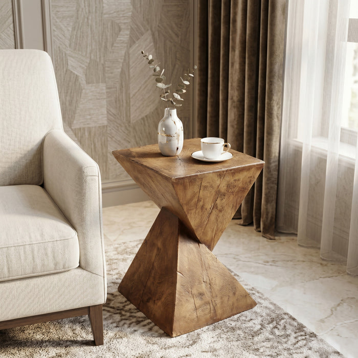 Zane 18\" MGO Geometric Twisted Accent Table, Unique Wood Grain Indoor Side Table, Natural