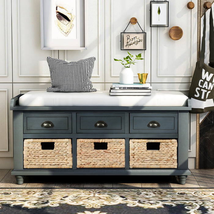 Harvey Solid Wood Storage Bench With Drawers And Rattan Baskets,antique Navy