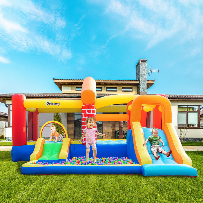Outsunny 4 In 1 Kids Bounce House Castle-themed Large Double Slides & Trampoline Inflatable Pool With Carry Bag Air Blower