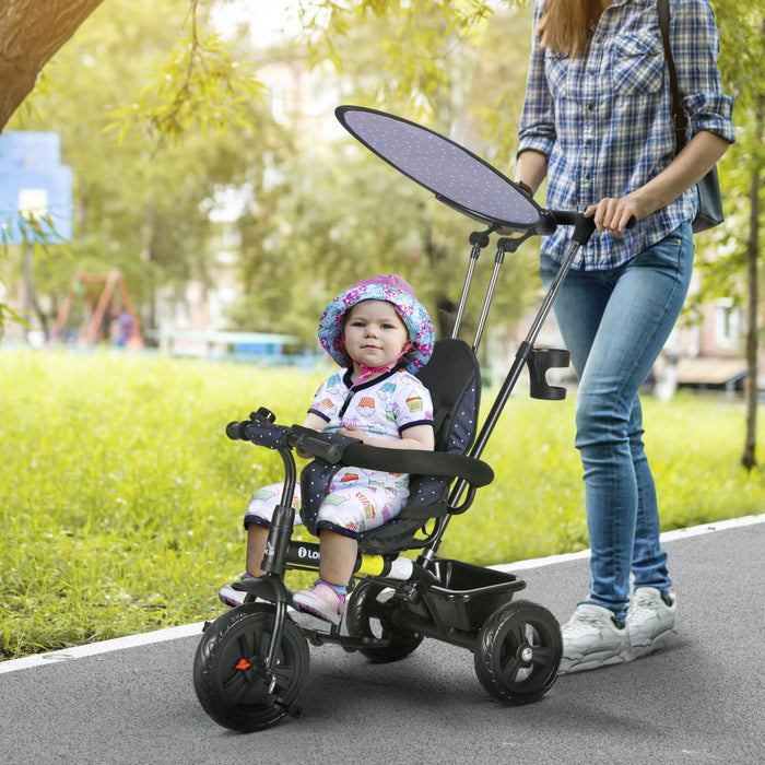 Qaba Kids Tricycle, 6 In 1 Push Bike Stroller With Removable Handlebar, Safety Fence And 5-point Harness, Canopy, Storage Basket, For Toddler 12-60 Months, Navy Blue