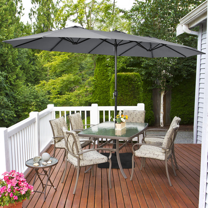 Costway 15FT Double-Sided Twin Patio Umbrella Outdoor Market W/ Crank & Base Grey