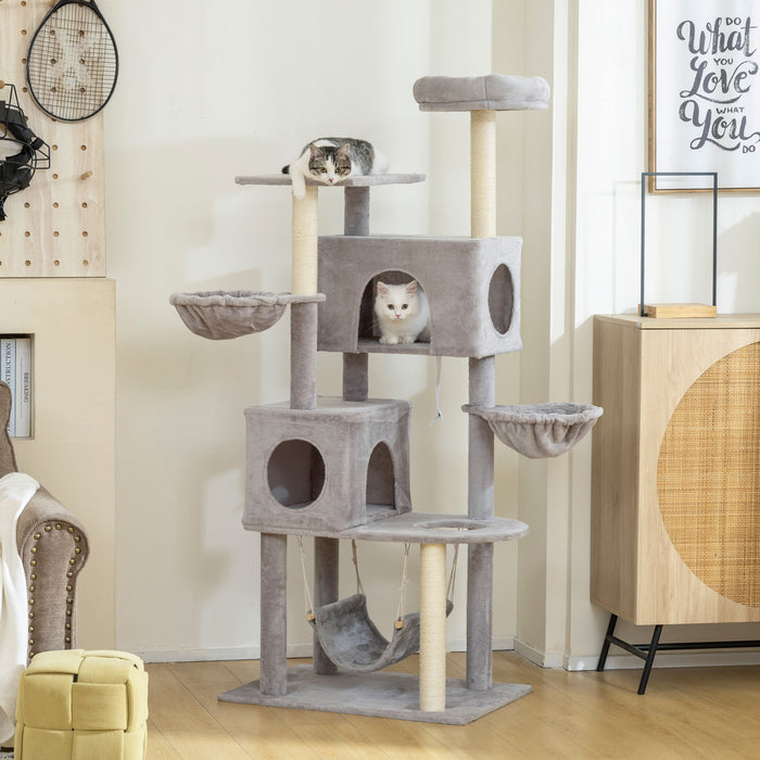 PawHut Cat Tree, 66 Inch Large Cat Tower with 2 Door Condos, 3 Big Hammocks, Plush Top Perch, Sisal Scratching Posts, Multi-level Kitty Tree for Indoor Kittens, Light Grey