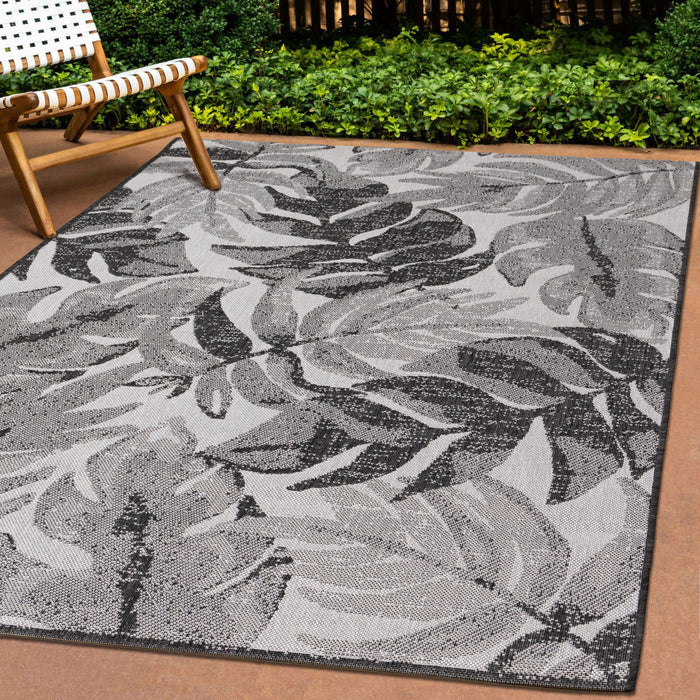 Jackson Grey White Botanical Leaves Rug, 6'7\" x 9'6\" Outdoor Area Rug