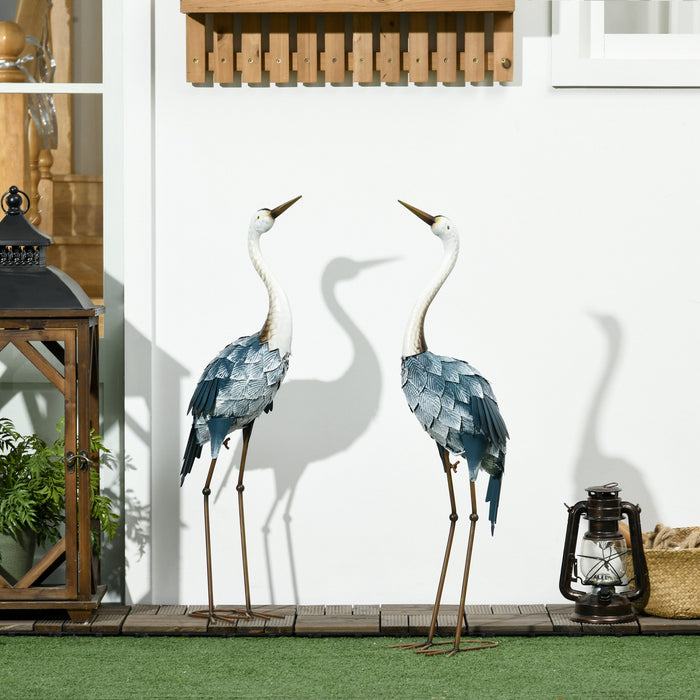 Outsunny 2 Pieces Crane Garden Statues Metal Yard Art Bird Sculptures, Blue