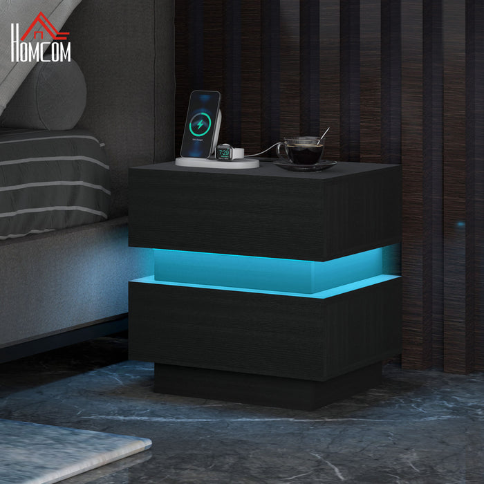 HOMCOM Modern Nightstand with Charging Station and LED Light for Bedroom