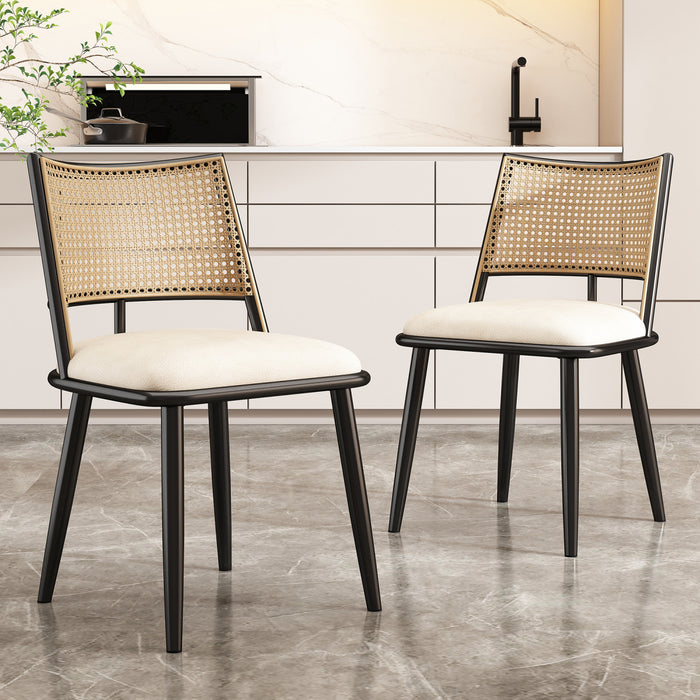 Oliver Modern Dining Chairs with PU Upholstered and PE Rattan Backrest Set of 2,Black