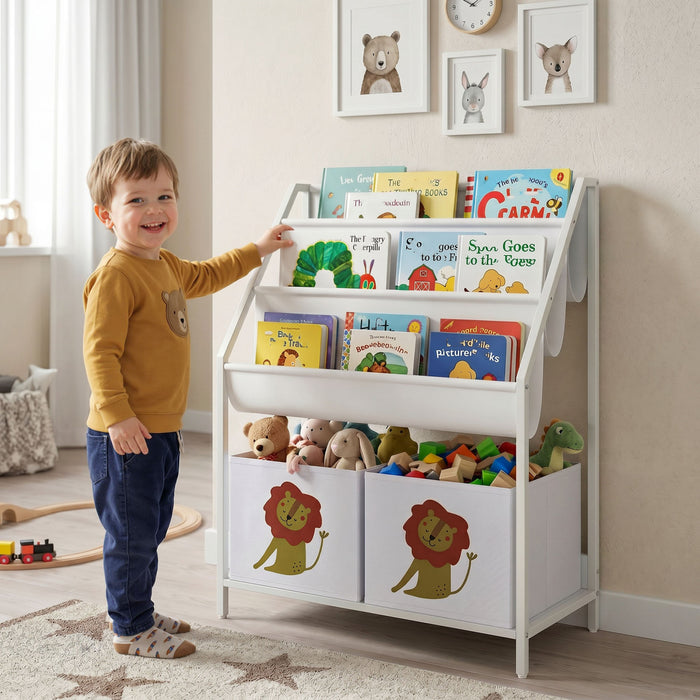 Qaba Kids Bookshelf, 3-Tier Sling Bookshelf with Toy Storage, Montessori Toy Organizer with Non-Woven Drawers for Kids Room, Nursery, Playroom, Ages 3-8 Years, White